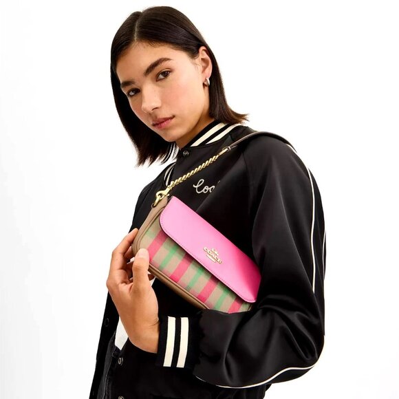 NWT Authentic Coach CBI56 Hailey Flap Bag Plaid Print Jacquard & Leather - Picture 5 of 5